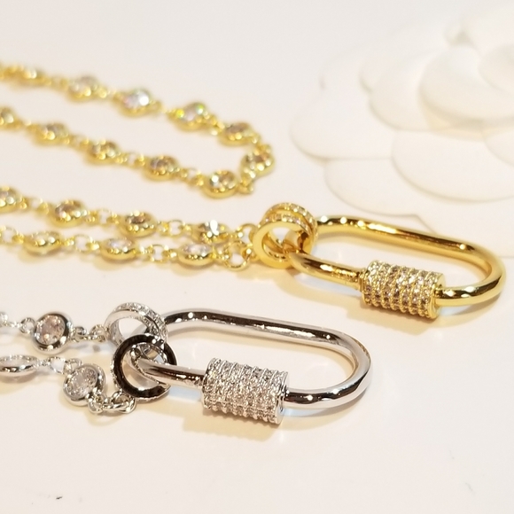 CZ Oval Carabiner Lock Pendant Charm Necklace NEW - Picture 3 of 11